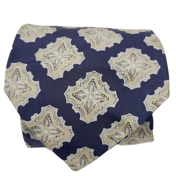 John Comfort London | Navy & Cream/Gold Vintage Printed Silk Tie (One Size) - Picture 1 of 8